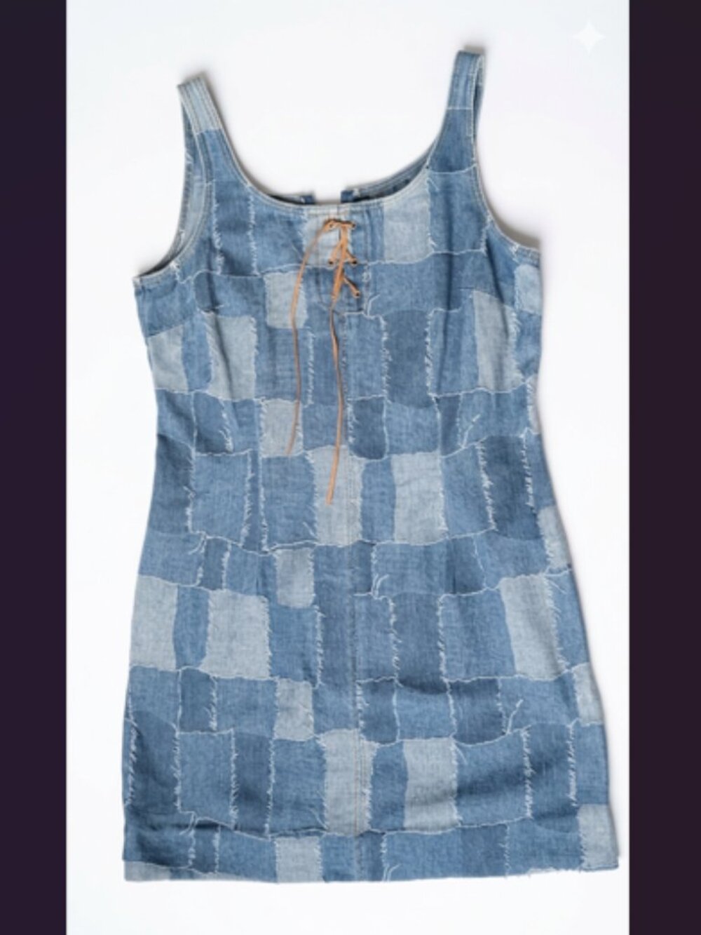 Y2K Patchwork Denim Dress Size Medium 100% Cotton Lace Up Tie Front TRUE BLUE